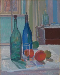 Bouteilles bleues et vertes et oranges